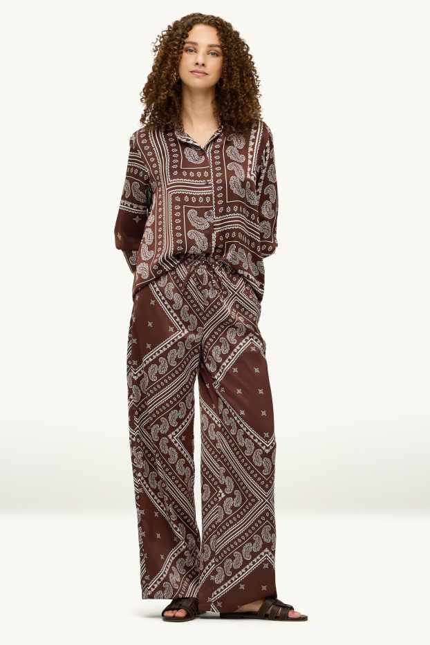 Dona - Pantalons de tela - mid waist - wide leg - amb motiu - marró