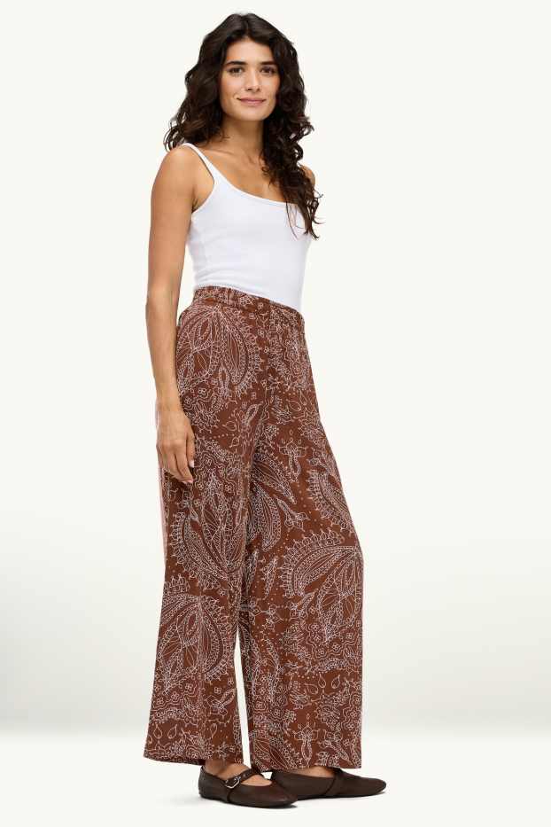 Dames - Kortere pantalon - high waist - wide leg - met patroon - bruin
