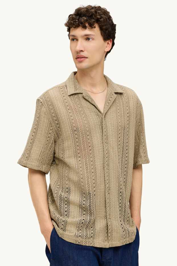 Herren - Strick-Hemd - Relaxed Fit - Reverskragen - gestreift - beige