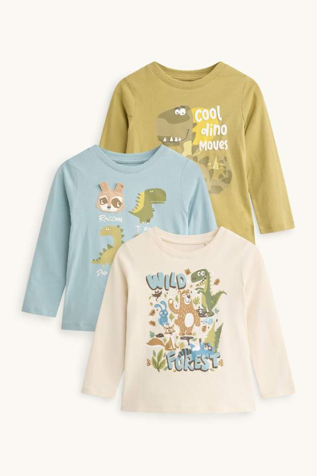 Kinder Buben - Multipack 3er - Dino und Tiere - Langarmshirt - blau / weiß
