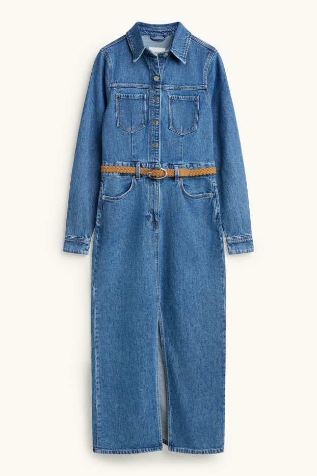 Damen - Jeans-Blusenkleid mit Gürtel - jeansblau