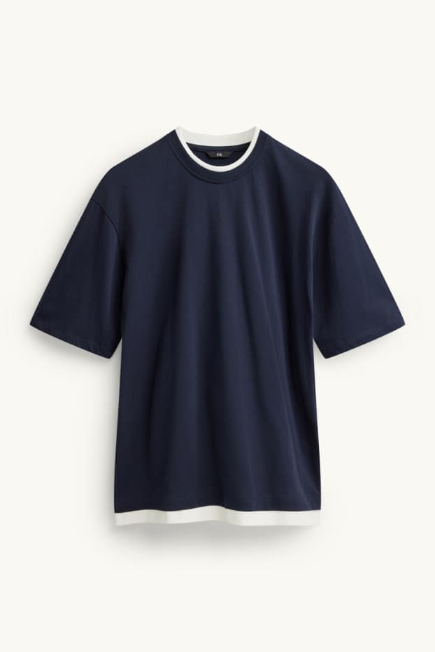 Herren - T-Shirt - Relaxed Fit - 2-in-1-Look - dunkelblau / weiß