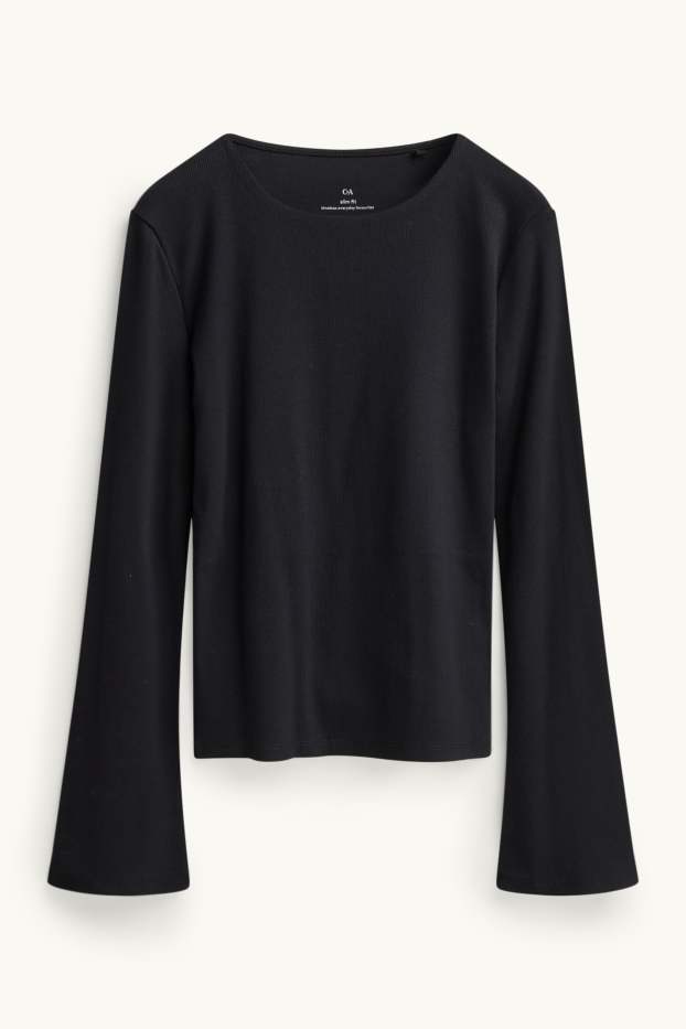 Damen - Langarmshirt - Slim Fit - gerippt - schwarz