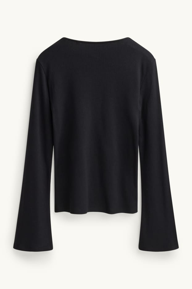 Damen - Langarmshirt - Slim Fit - gerippt - schwarz