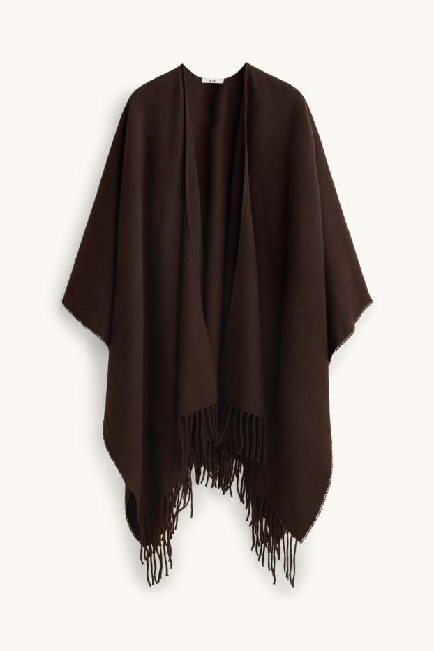 Women - Fringed poncho - dark brown