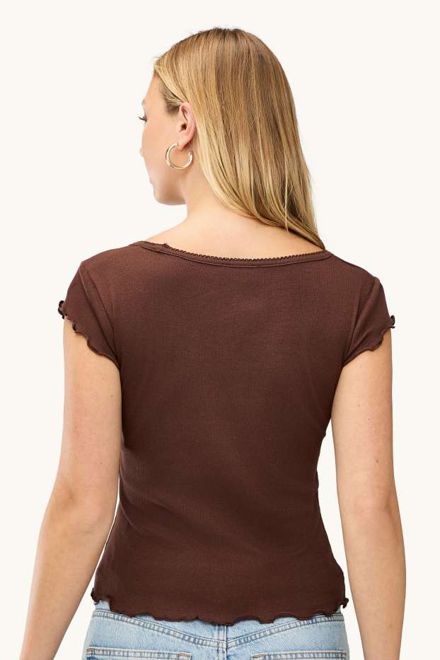 Women - T-shirt - slim fit - ribbed - brown