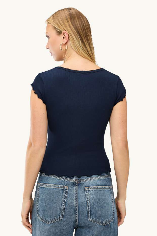 Women - T-shirt - slim fit - ribbed - dark blue