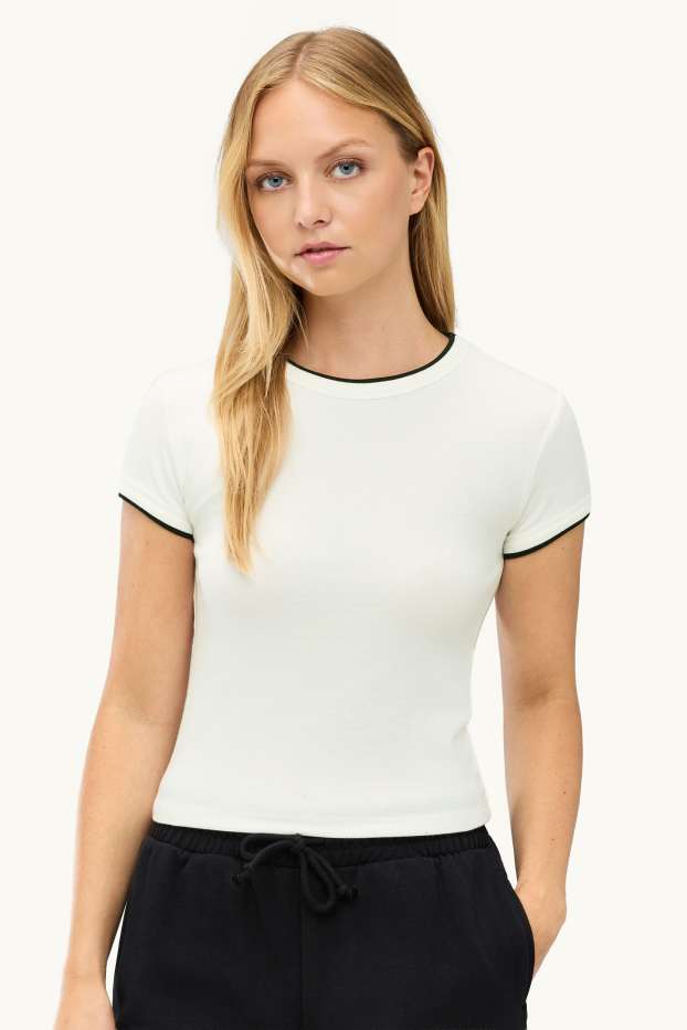 Dámské - Tričko - slim fit - vzhled 2 v 1 - krémově bílá