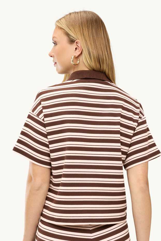 Dona - Polo - slim fit - de ratlles - acanalat - marró / blanc trencat