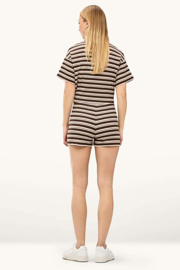 Damen - Shorts - Mid Waist - gerippt - gestreift - braun