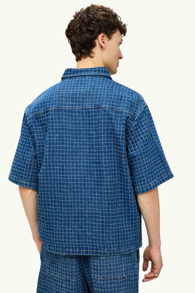 Men - Denim shirt - relaxed fit - kent collar - check - blue denim