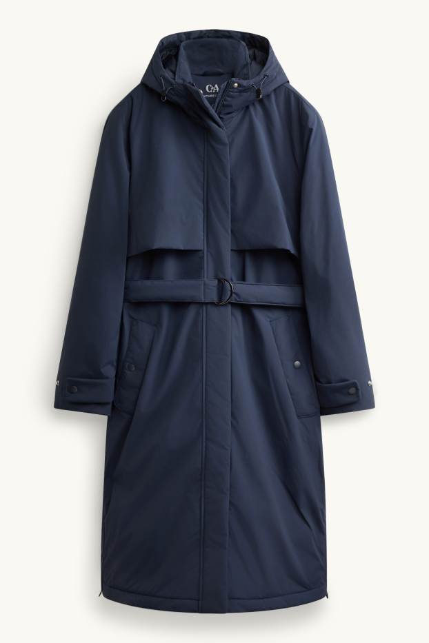 Dames - Sporttrenchcoat met capucon en ceintuur - gevoerd - donkerblauw