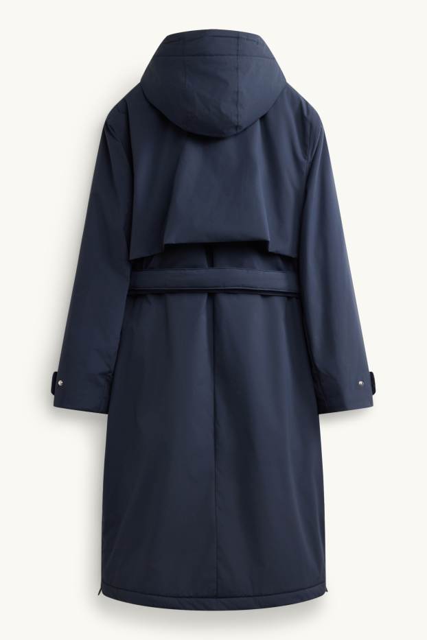 Dames - Sporttrenchcoat met capucon en ceintuur - gevoerd - donkerblauw