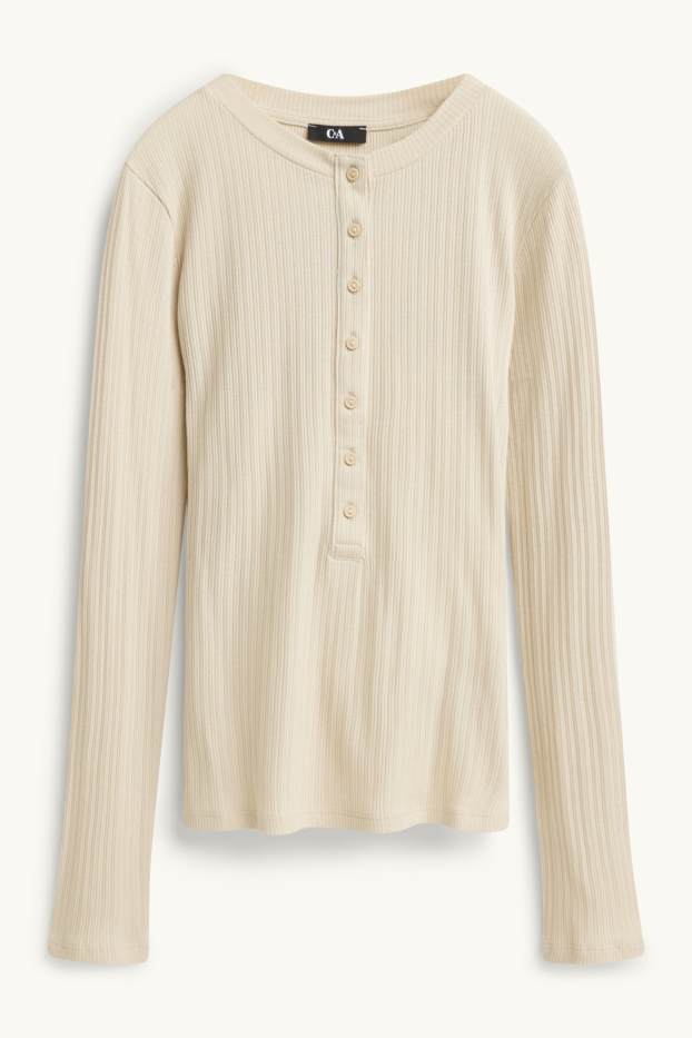 Women - Henley T-shirt - slim fit - ribbed - light beige