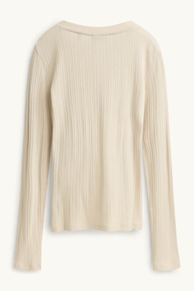 Women - Henley T-shirt - slim fit - ribbed - light beige