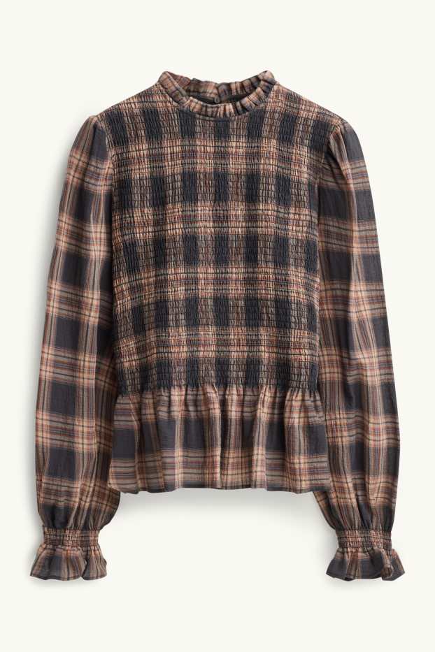 Women - Blouse - check - smocked - gray / brown