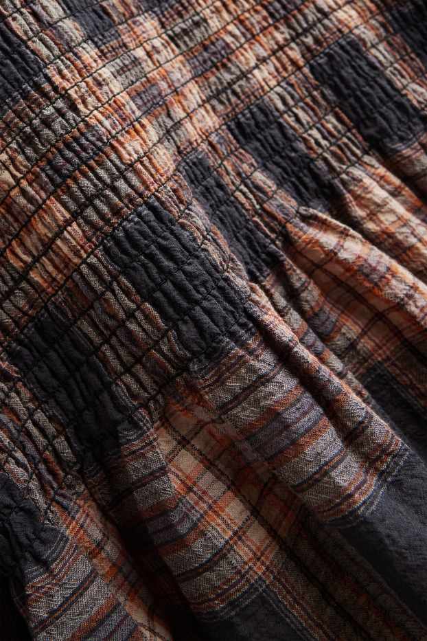Women - Blouse - check - smocked - gray / brown
