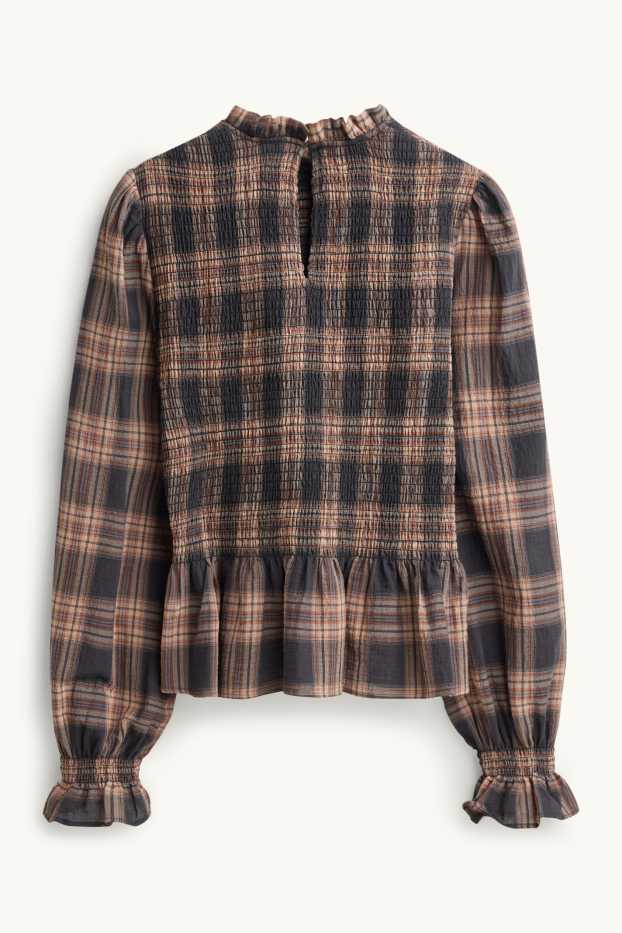 Women - Blouse - check - smocked - gray / brown