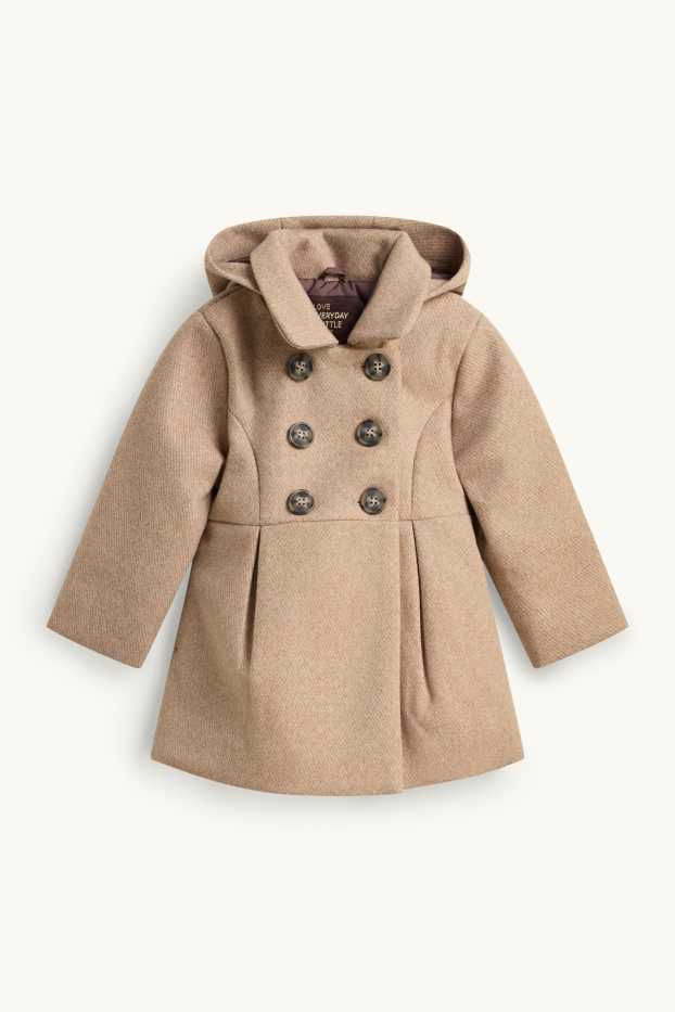 Children Girls - Set - coat with hood and teddy fur scarf - 2 piece - sand-coloured