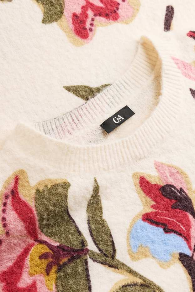 Donna - Maglione - a fiori - bianco crema