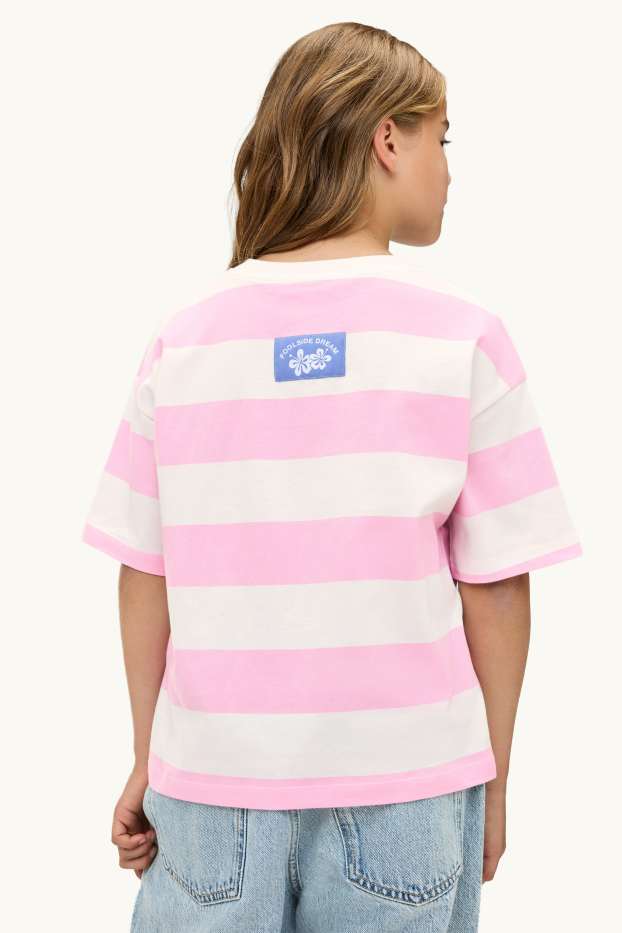 Kinder Mädchen - Kurzarmshirt - gestreift - weiss / rosa