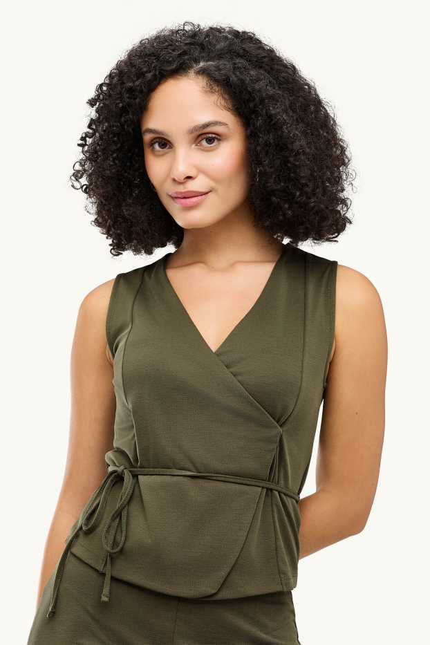 Femmes - Top croisé à col V - vert foncé