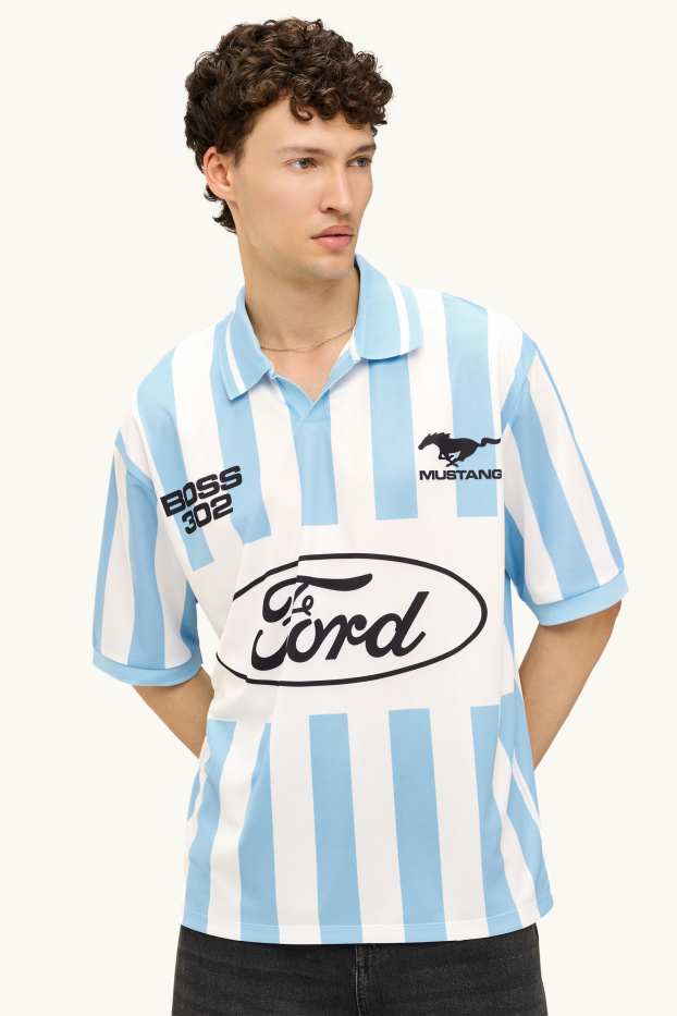 Heren - Poloshirt - relaxed fit - gestreept - Ford-Mustang - wit / blauw