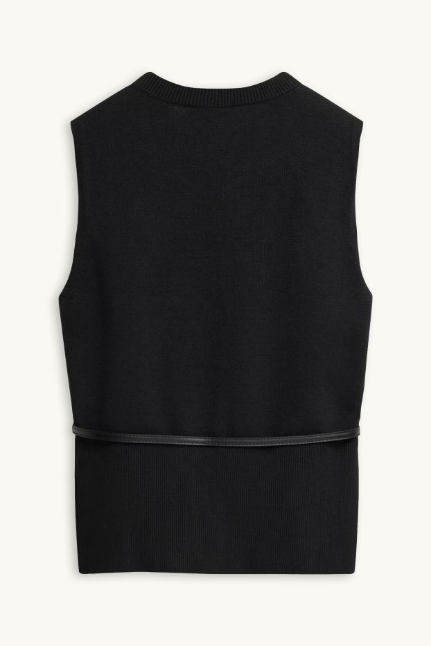 Women - Knitted waistcoat with belt - black