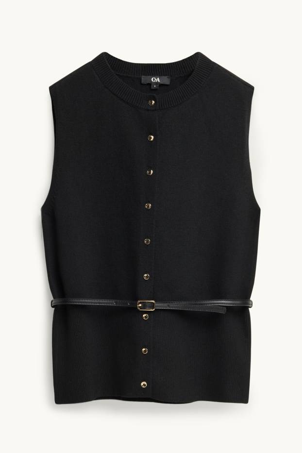 Women - Knitted waistcoat with belt - black