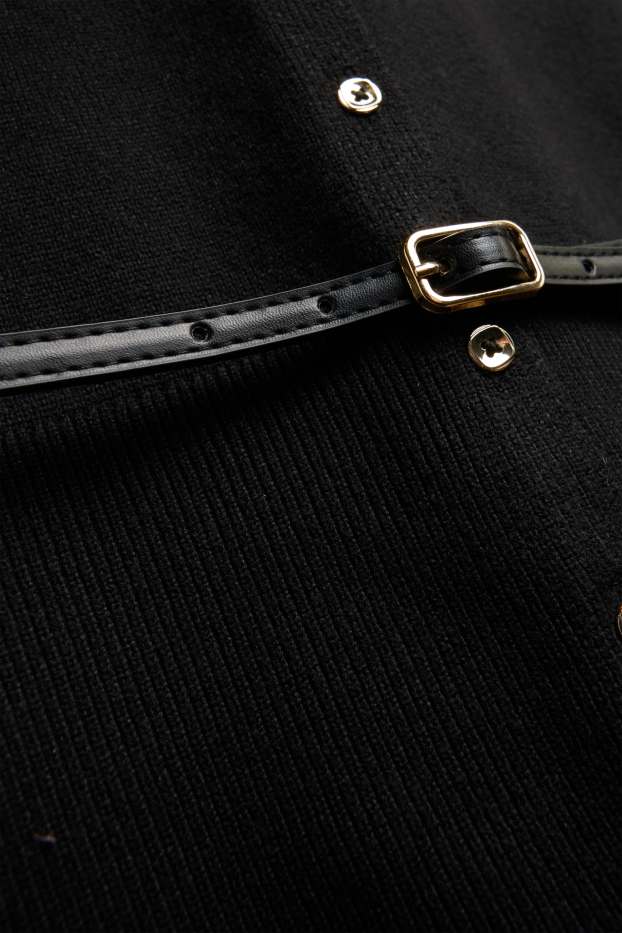 Women - Knitted waistcoat with belt - black