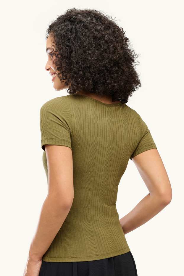Damen - T-Shirt - Regular Fit - gerippt - gestreift - khaki