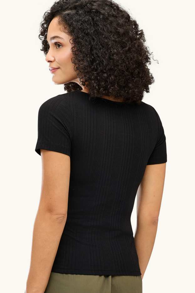 Damen - T-Shirt - Regular Fit - gerippt - gestreift - schwarz