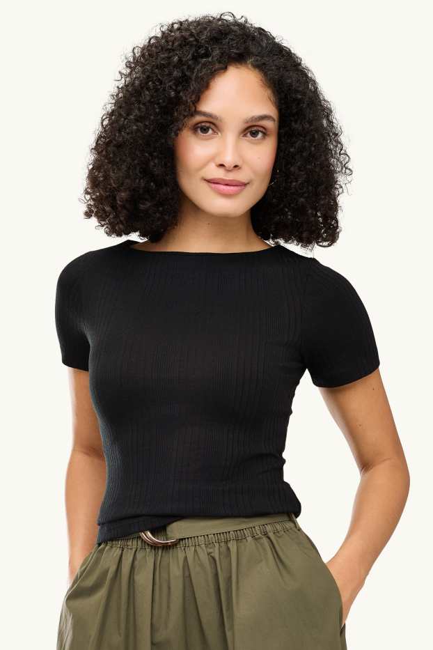 Damen - T-Shirt - Regular Fit - gerippt - gestreift - schwarz