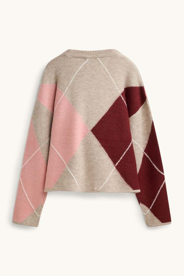 Damen - Pullover - kariert - beige / bordeaux
