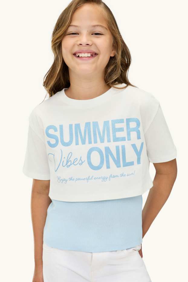 Copii - Fete - Set - tricou cu mânecă scurtă și top - 2 piese - aspect lucios - alb / albastru deschis