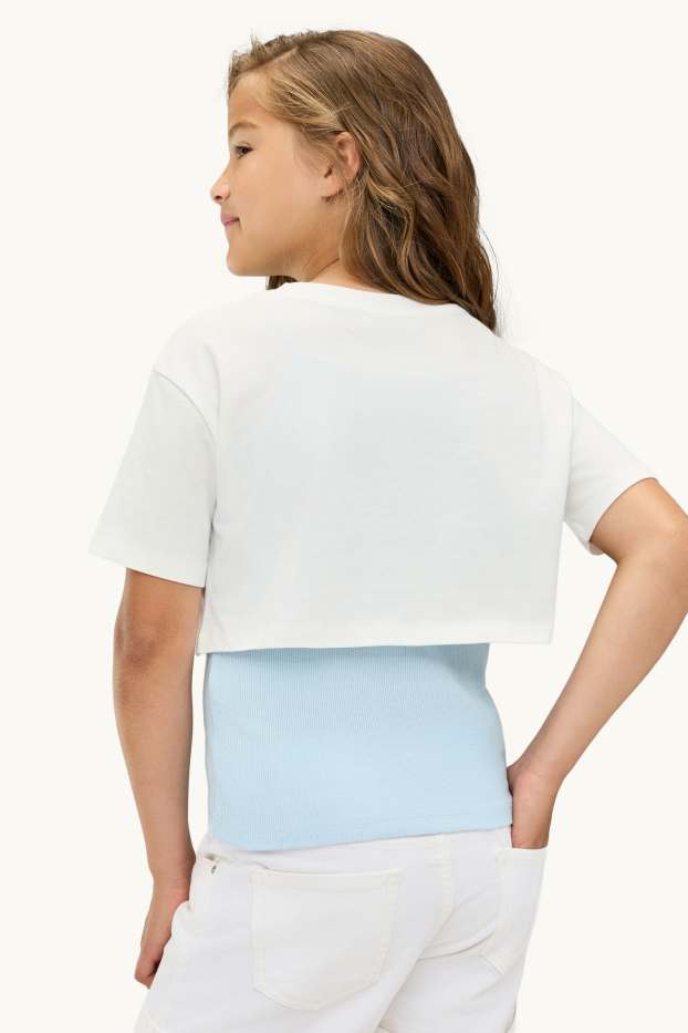 Copii - Fete - Set - tricou cu mânecă scurtă și top - 2 piese - aspect lucios - alb / albastru deschis