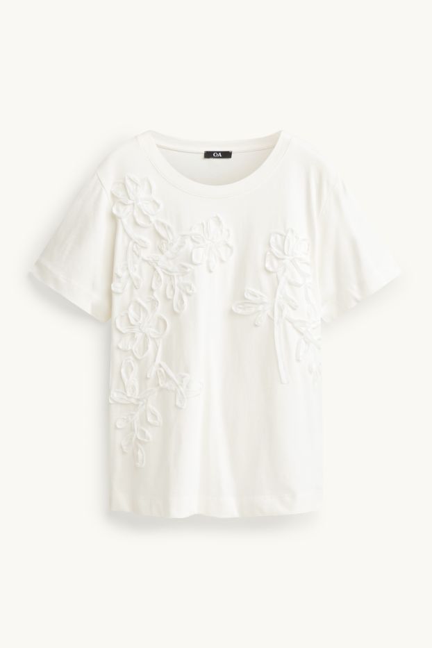 Dames - T-shirt - regular fit - gebloemd - crème wit