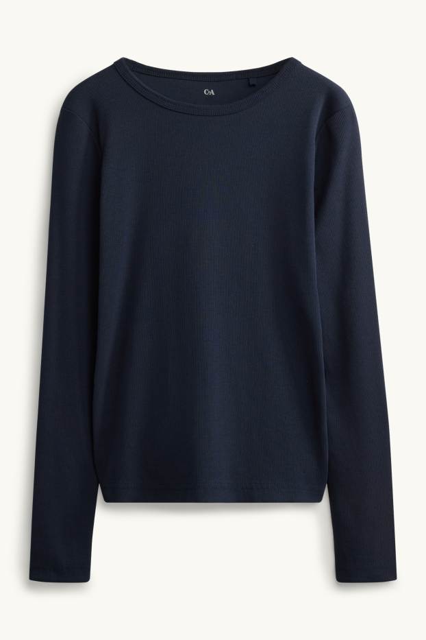 Femmes - Haut à manches longues - slim fit - finition côtelée - bleu foncé