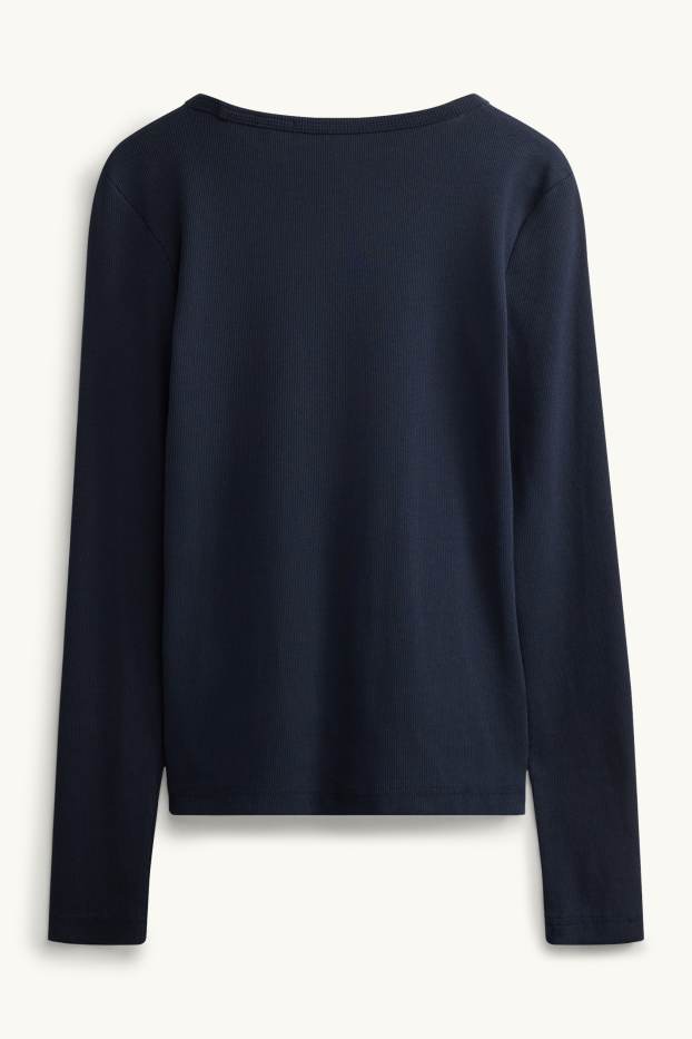 Femmes - Haut à manches longues - slim fit - finition côtelée - bleu foncé