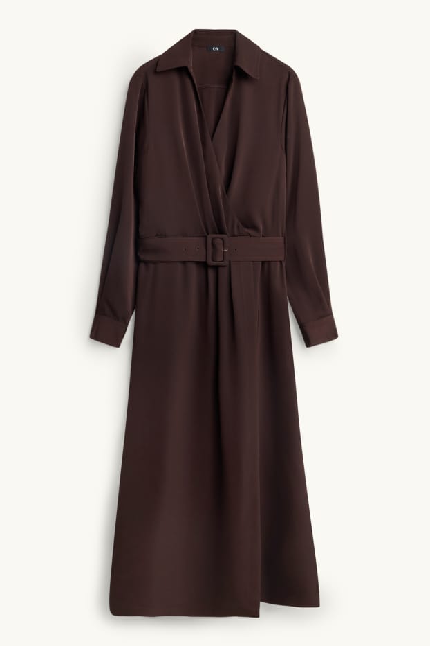 Women - Satin wrap dress with belt - straight fit - dark brown