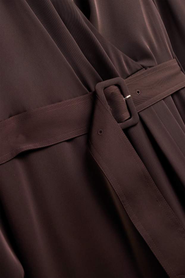 Women - Satin wrap dress with belt - straight fit - dark brown
