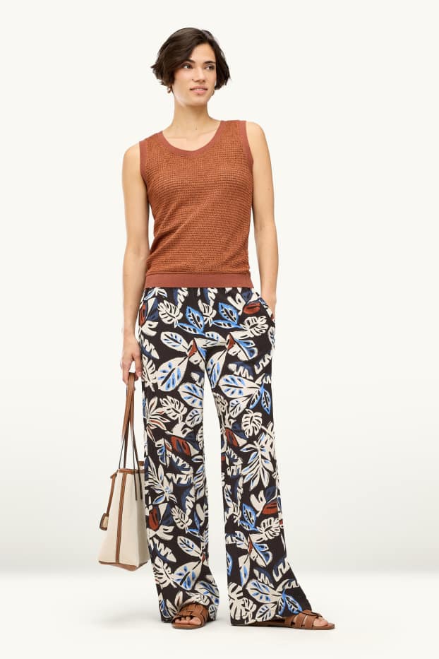 Femmes - Pantalon en toile - mid waist - wide leg - à motif - noir
