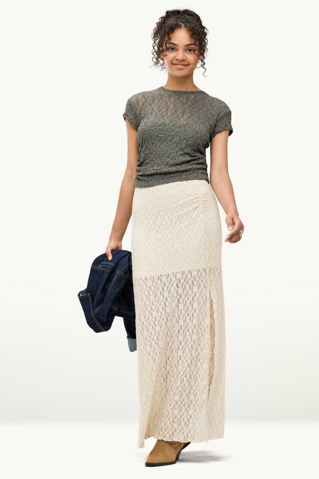 Women - Skirt with slit - textured - creme