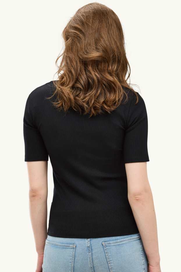 Femmes - T-shirt avec encolure en V - regular fit - finition côtelée - noir