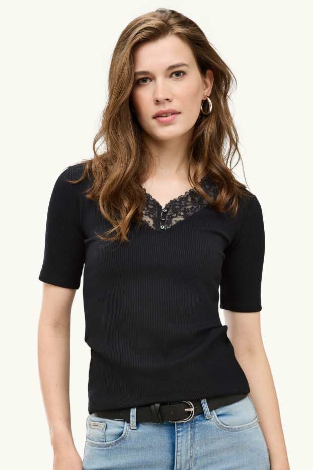 Femmes - T-shirt avec encolure en V - regular fit - finition côtelée - noir