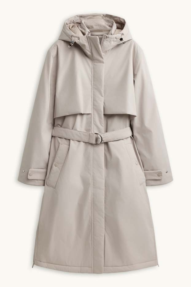 Women - Technical trench coat with hood and belt - lined - light beige