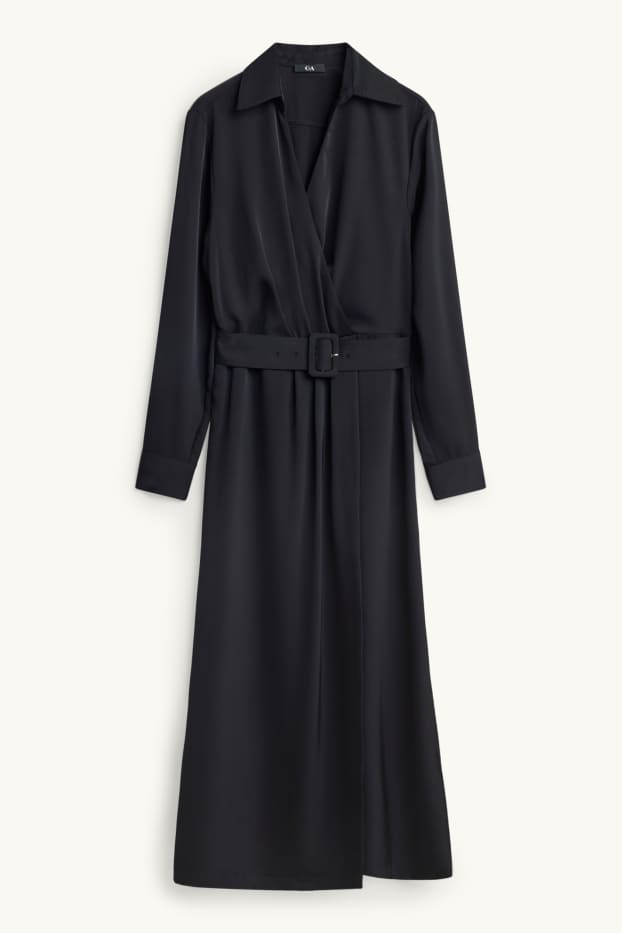 Damen - Satin-Wickelkleid mit Gürtel - Straight Fit - schwarz