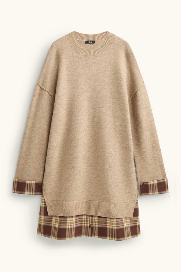 Dames - Gebreide jurk - straight fit - 2-in-1-look - beige / bruin