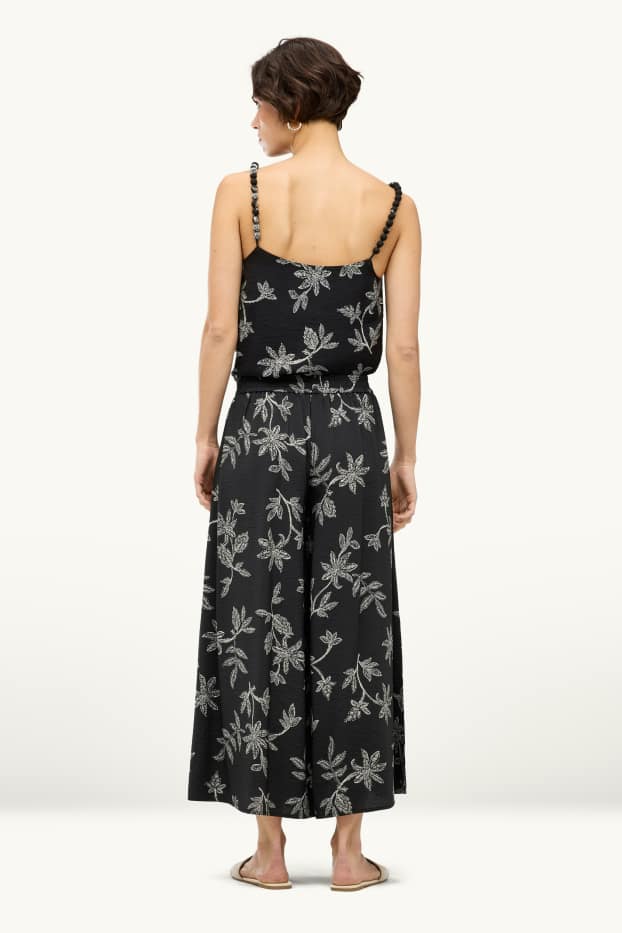 Dona - Pantalons de tela - high waist - wide leg - de flors - negre