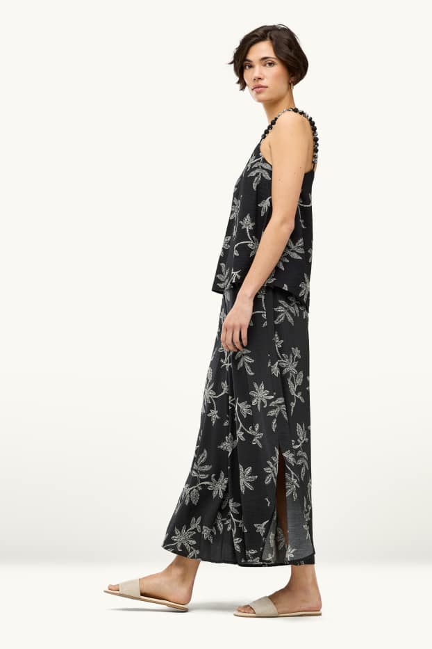 Dona - Pantalons de tela - high waist - wide leg - de flors - negre